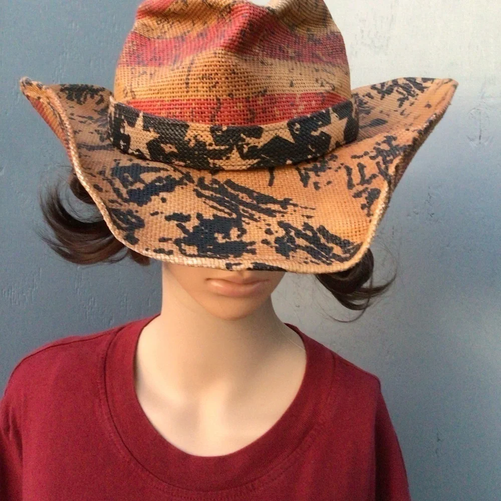 Vintage Tea Stain USA 4th Of July American Flag Shape It Brim Cowboy Western Hat